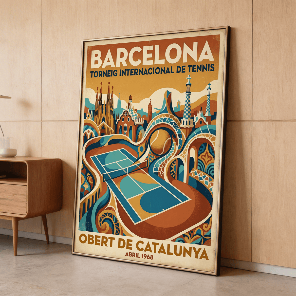Barcelona Tennis Wall Art close-up of dated tournament text and clay court lines