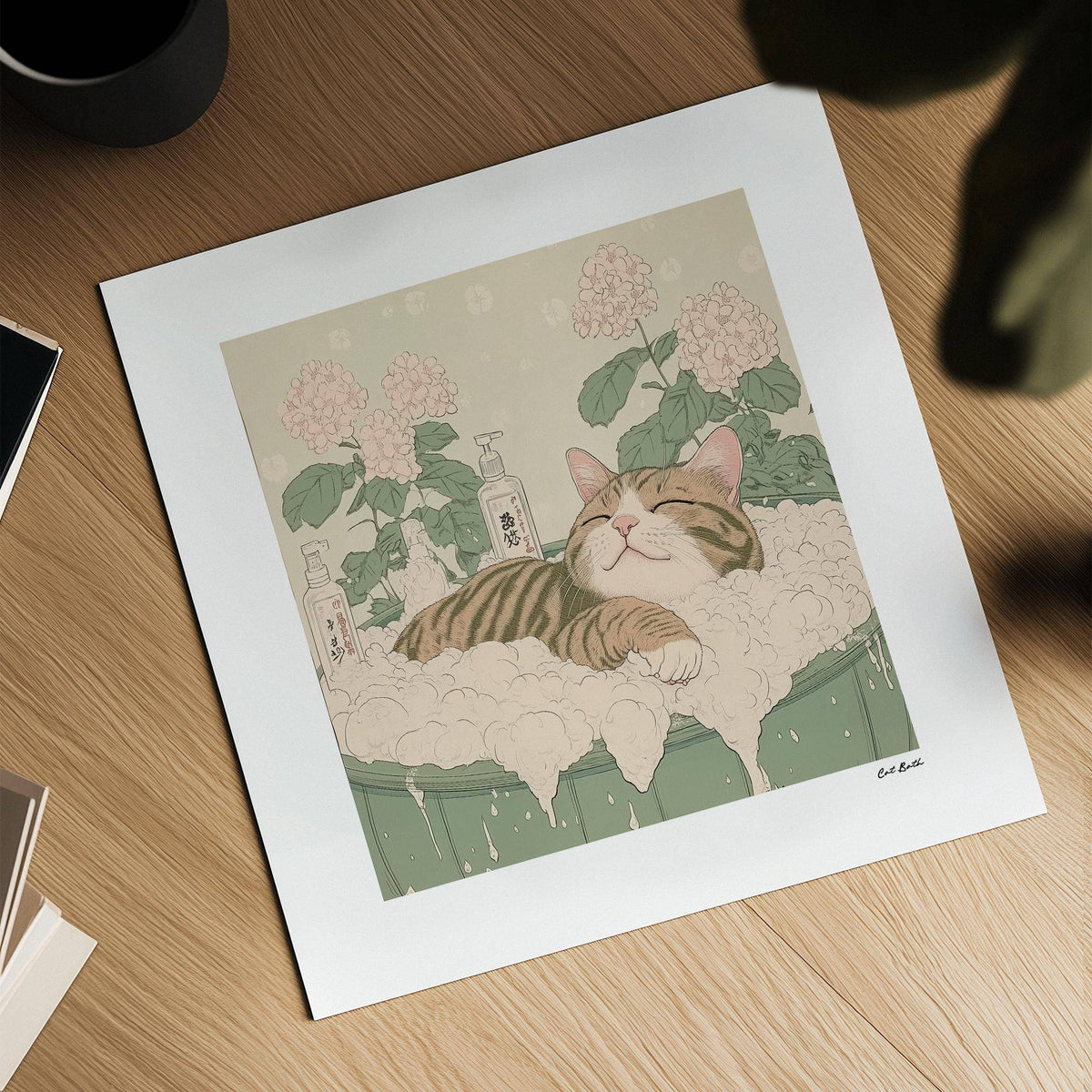 Cat-themed Japanese posters with bath setting for cozy interiors