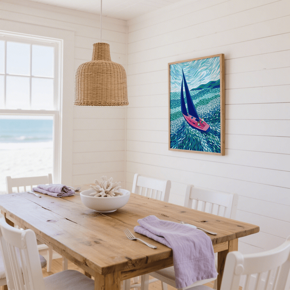 Sailboat Art Print featuring pink boat, green water for office decor