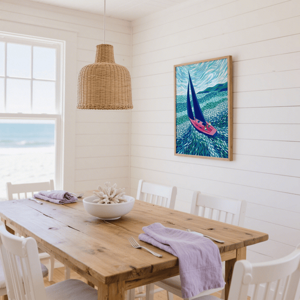 Sailboat Art Print featuring pink boat, green water for office decor