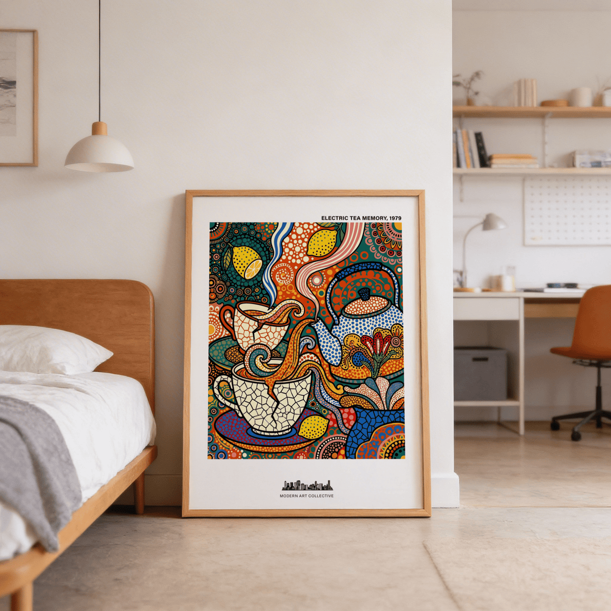 Modern Tea Time Wall Art print featuring teapot, cups, and curling steam