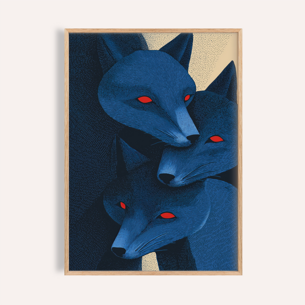 Angular fox trio wall art print with etched-style linework and red eyes