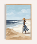 Beach Woman Art Print with Blue, Beige, and White for bedroom wall art