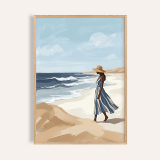 Beach Woman Art Print with Blue, Beige, and White for bedroom wall art