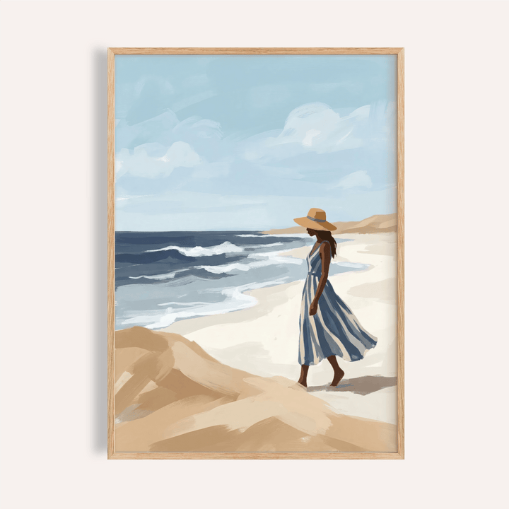 Beach Woman Art Print with Blue, Beige, and White for bedroom wall art
