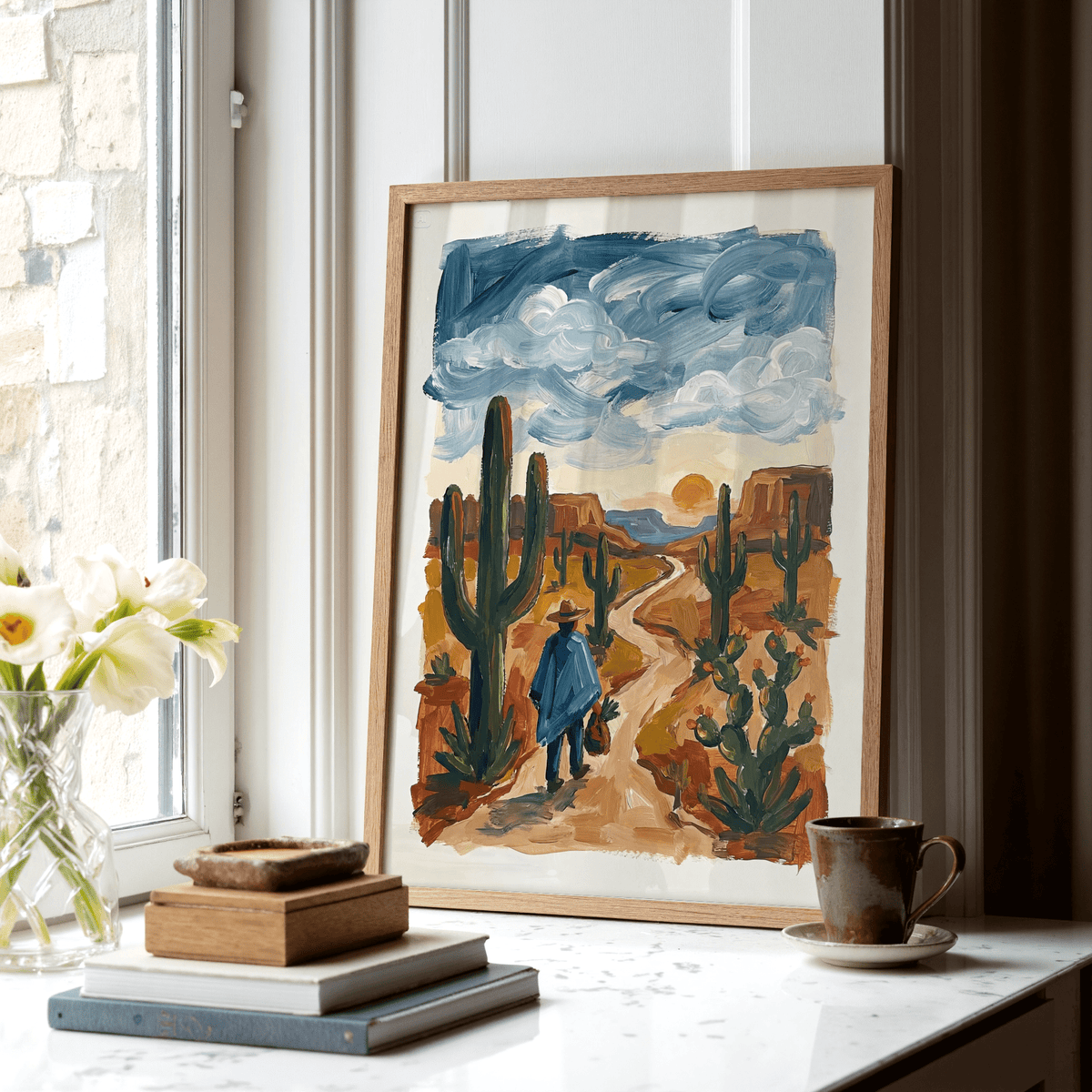 Blue, green, and orange Sunset Cactus Poster Print for bedroom wall decor