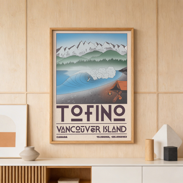 Detailed view of stylized surfer riding a curling wave poster