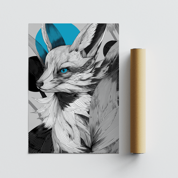 Modern Japanese Fox Print with Blue eye, ideal home office art print