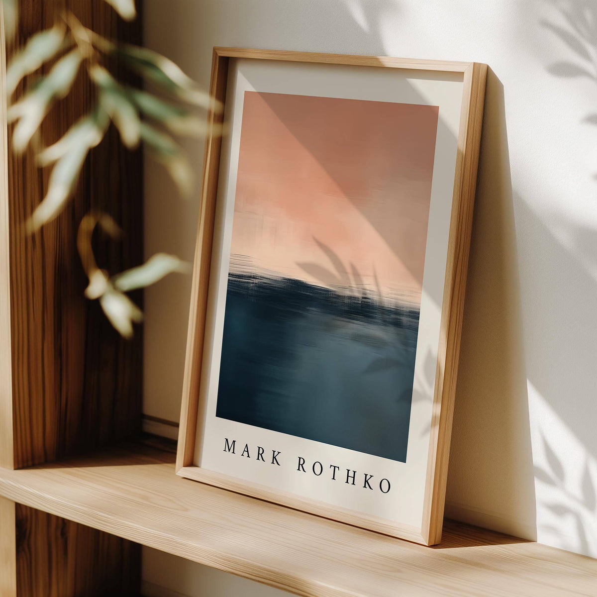 Minimalist pink and blue painting inspired by ocean sunsets for interiors