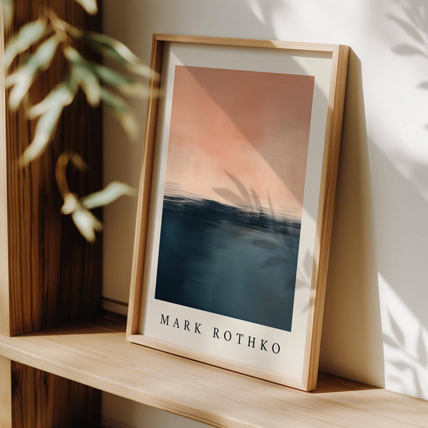 Minimalist pink and blue painting inspired by ocean sunsets for interiors