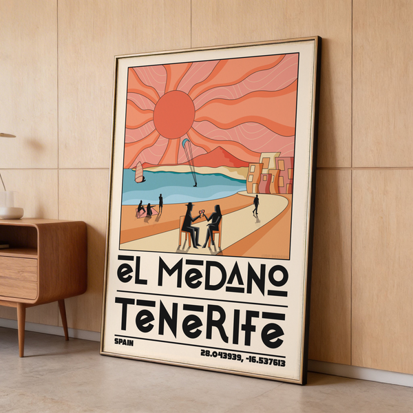 Graphic travel poster print featuring El Medano Tenerife beach, café table silhouettes, and seaside buildings
