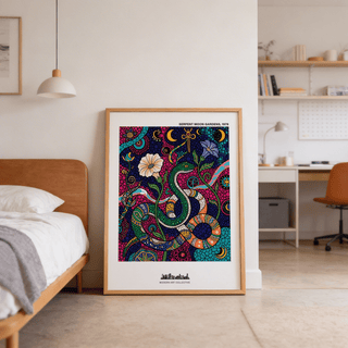 Patterned snake print for wall with dense dot textures and swirling celestial icons