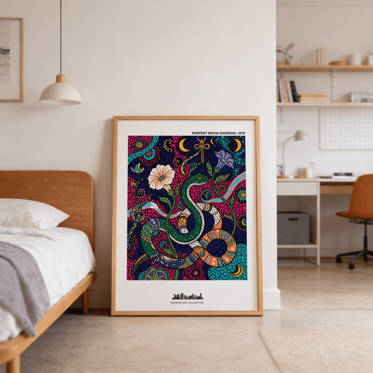 Patterned snake print for wall with dense dot textures and swirling celestial icons