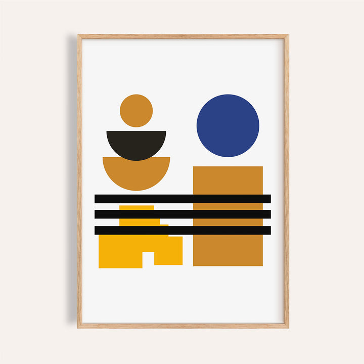 Blue and brown wall art with geometric Bauhaus design for modern living rooms