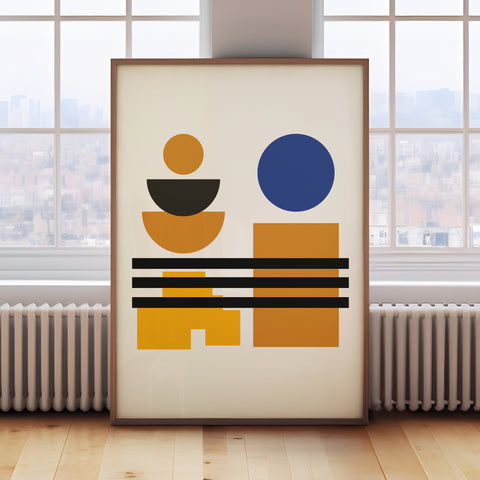 Mid-century geometric Bauhaus wall art in bold colours, perfect for minimalist interiors

