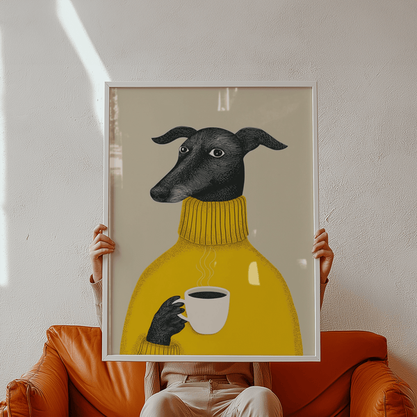 Home office wall art poster with Illustrative Dog Wall Art, yellow and beige tones