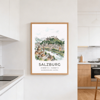 Travel room decor featuring Salzburg City Print in black, white, and color accents
