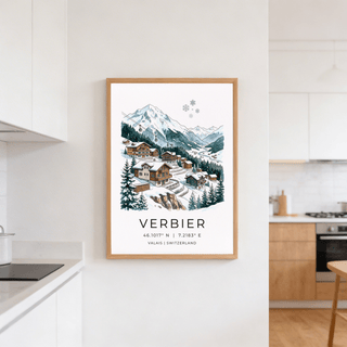 Detailed alpine village poster print showing stacked cabins, trees, and distant mountains
