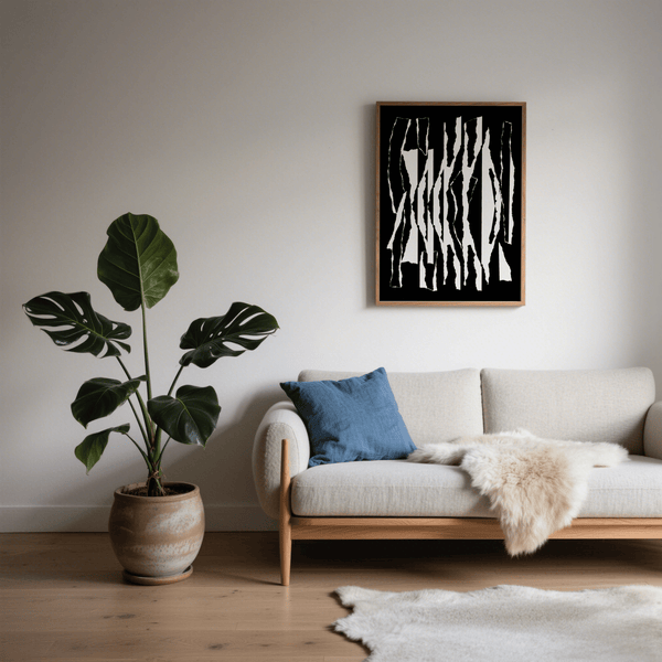 abstract black and white art print with torn shapes for bedroom