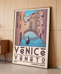 Detail showing arched bridge and pedestrian figure on railing, Venice Travel Poster wall art print