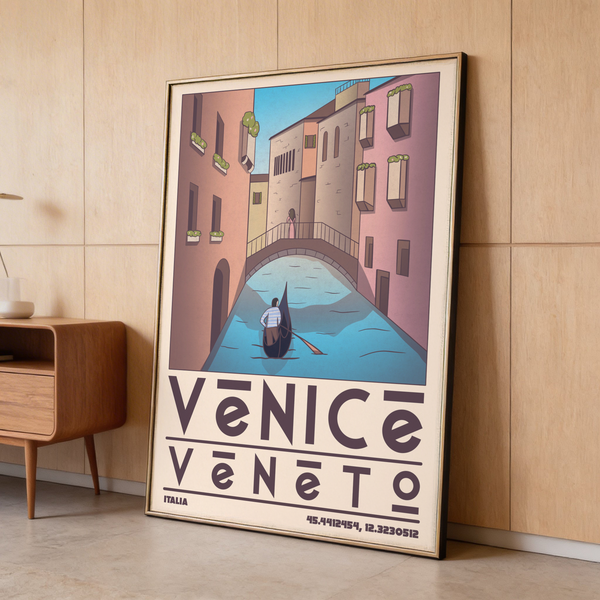 Detail showing arched bridge and pedestrian figure on railing, Venice Travel Poster wall art print