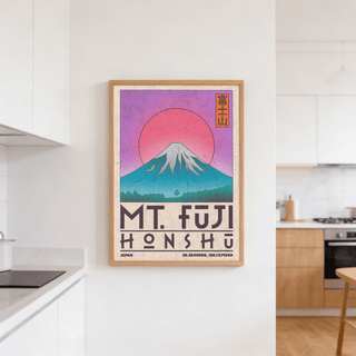 Stylized volcano landscape wall art print with sun disc and horizon line