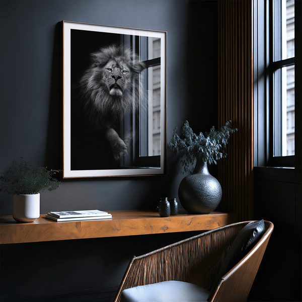 Minimal background lion photography wall art print with centered composition
