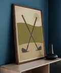 Graphic Crossed Golf Clubs Poster with two crossed irons and negative space