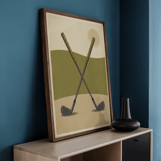 Graphic Crossed Golf Clubs Poster with two crossed irons and negative space