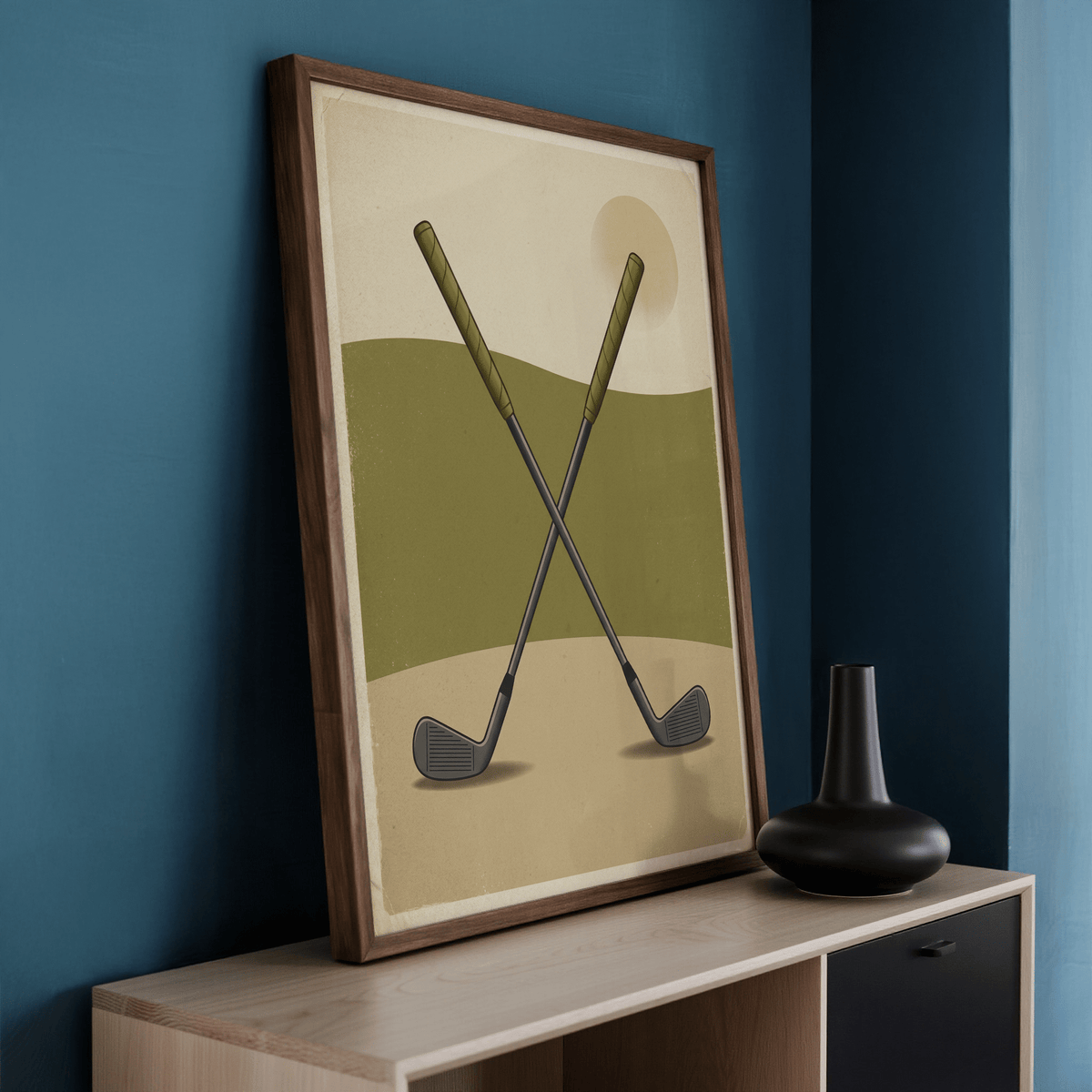 Graphic Crossed Golf Clubs Poster with two crossed irons and negative space
