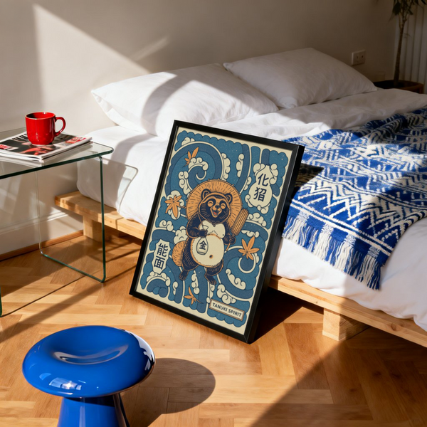 Showcasing a Japanese-style tanuki wall art print with maple leaves, wave spirals, and kanji panels
