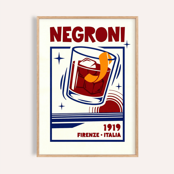 Negroni Cocktail Print with Red, Orange, and Blue for bar wall art