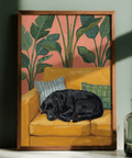 Comfy Black Lab Wall Art on yellow couch, Green leaves for den, poster