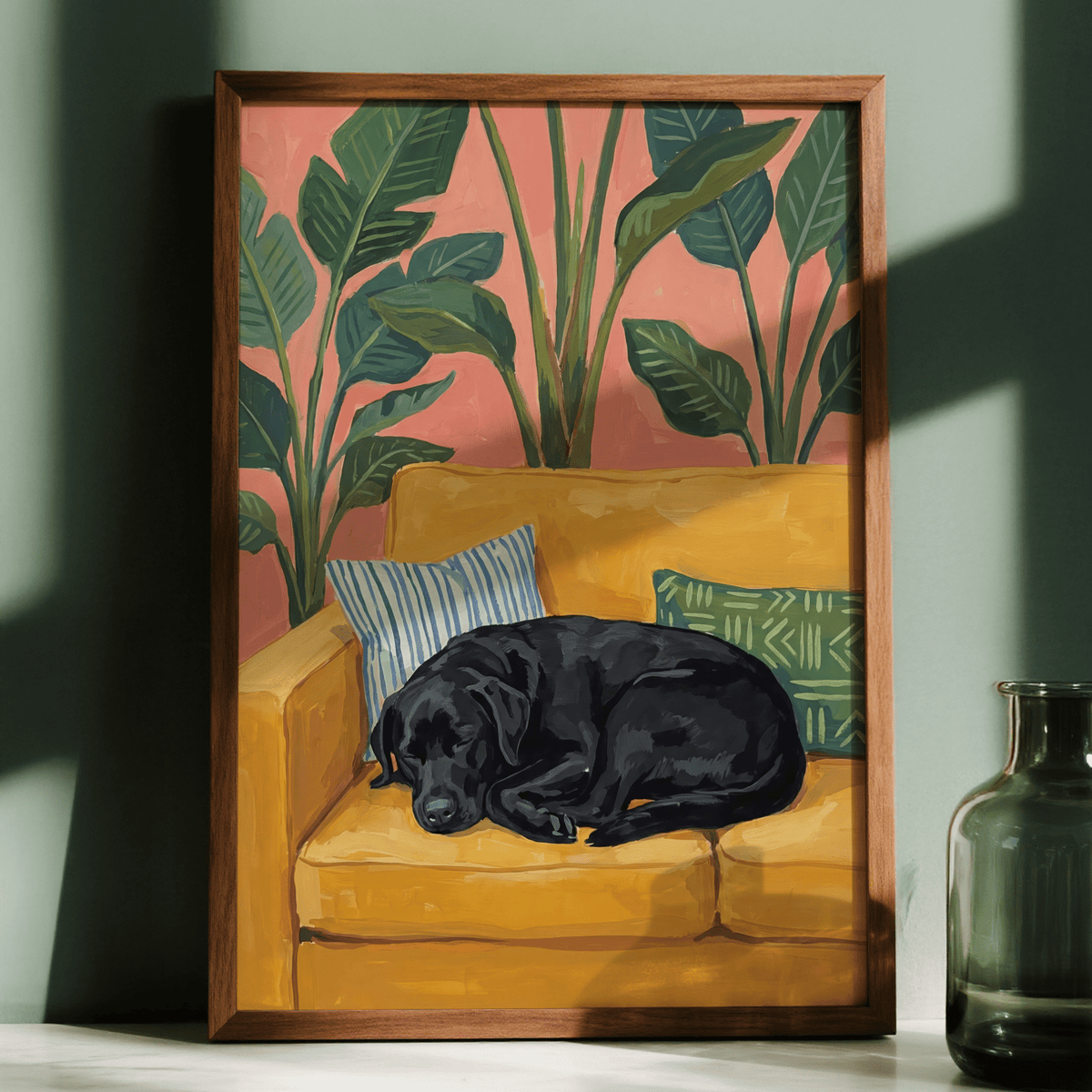 Comfy Black Lab Wall Art on yellow couch, Green leaves for den, poster