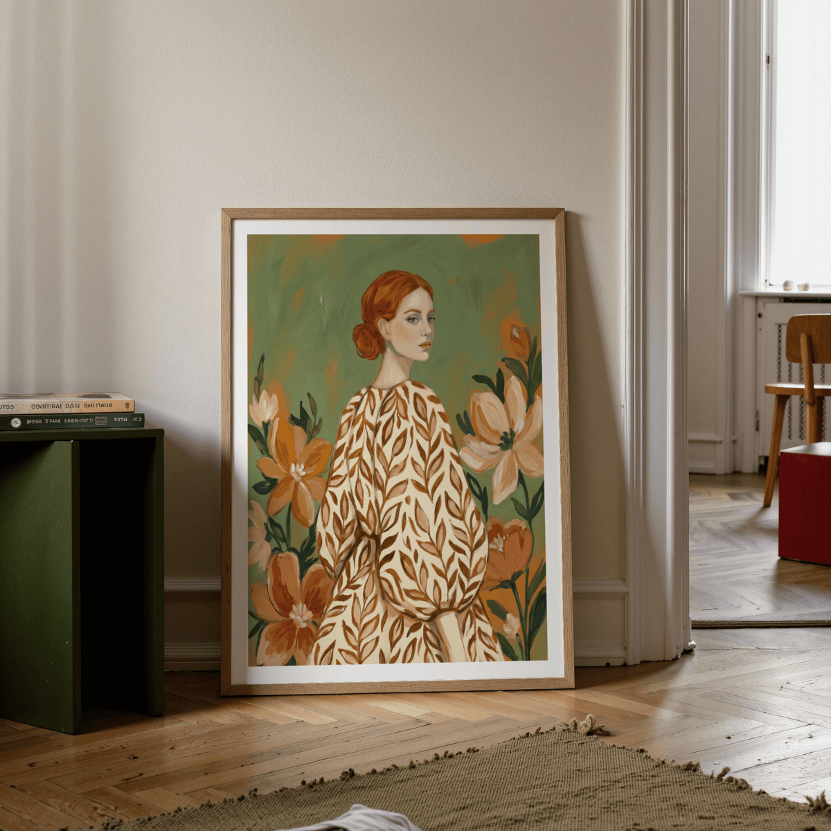 Floral Girl Illustration wall art with beige and green, ideal for creative studio
