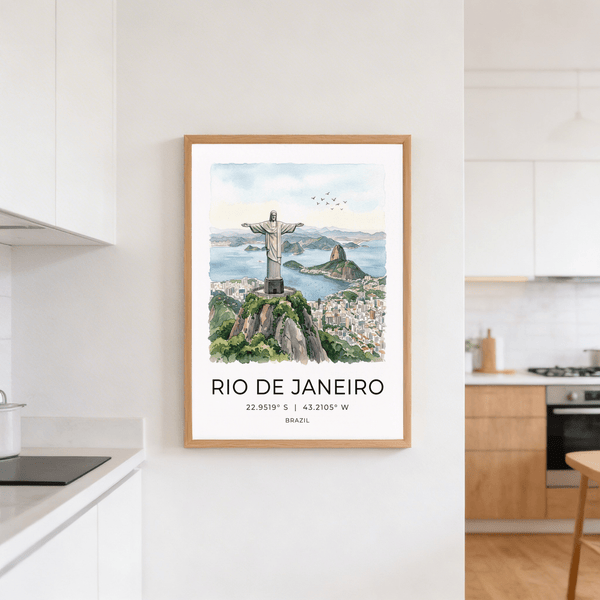 Scenic Rio landscape poster with statue on summit and layered distant hills
