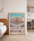 Graphic city wall art print of Brussels market hall with arched windows and surrounding buildings