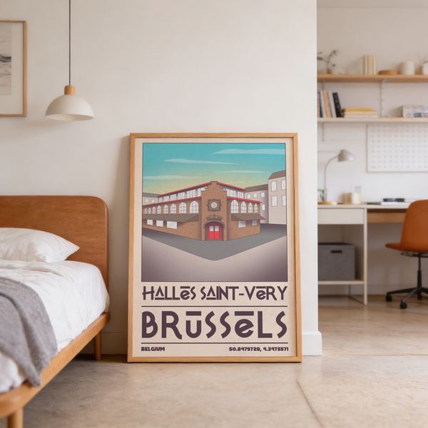Graphic city wall art print of Brussels market hall with arched windows and surrounding buildings