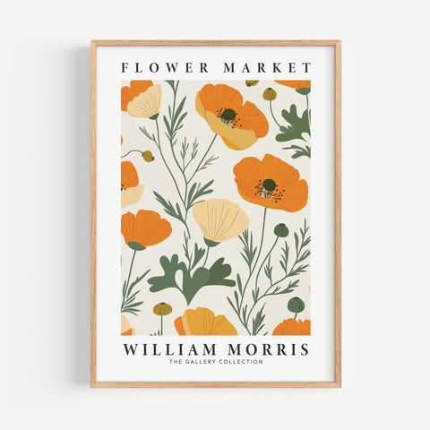 Vintage floral wall art featuring orange poppies and green leaves
