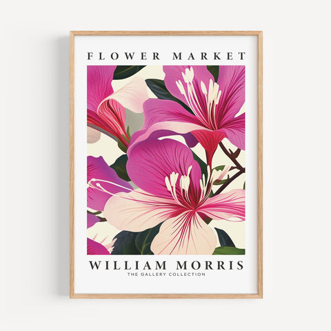 Botanical wall art featuring pink floral patterns by William Morris
