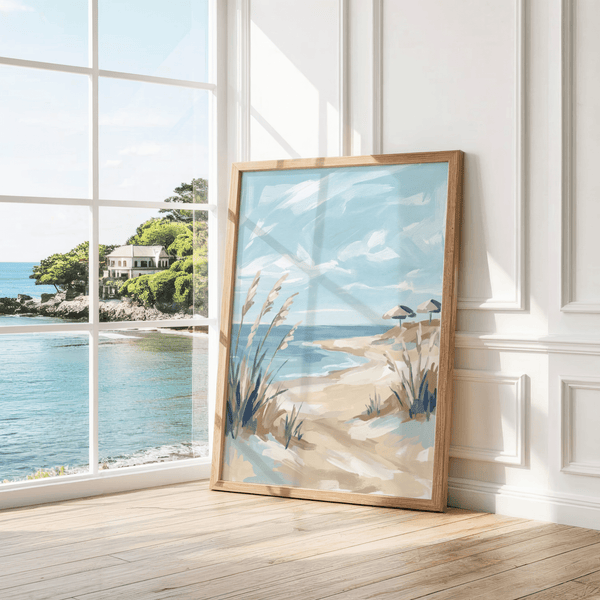 Beach Landscape Art Print wall decor in Blue and White for home office