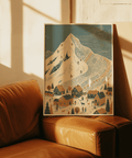 Scenic wall art for lounge: Winter Mountain Art Print in Blue, Orange, Beige