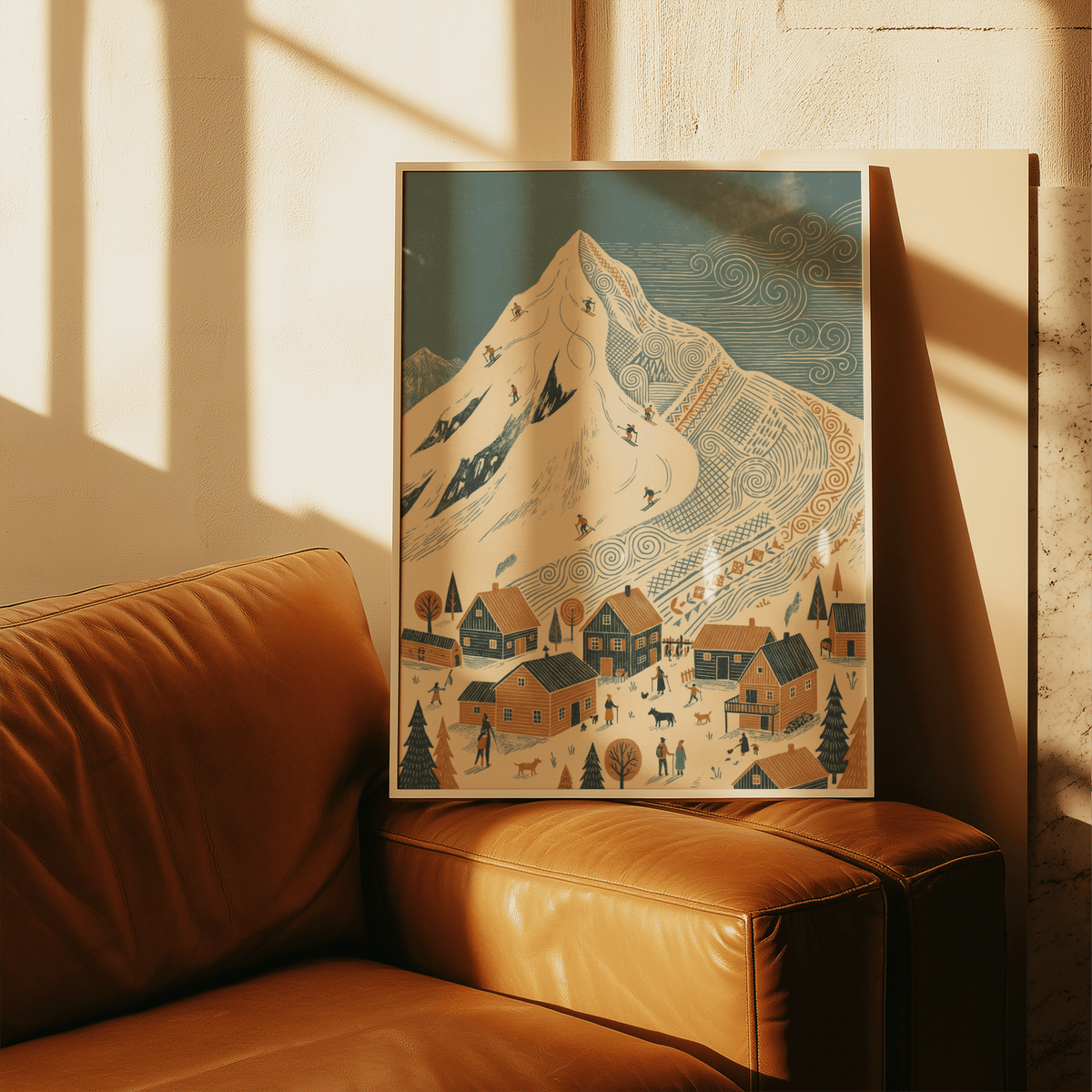 Scenic wall art for lounge: Winter Mountain Art Print in Blue, Orange, Beige