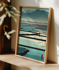 Calm landscape poster showing rice fields in perspective with distant mountains and open sky