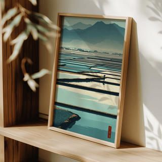Calm landscape poster showing rice fields in perspective with distant mountains and open sky