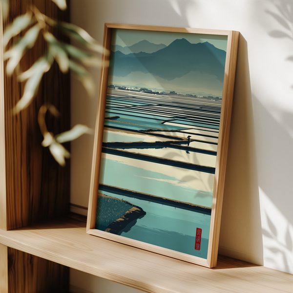 Calm landscape poster showing rice fields in perspective with distant mountains and open sky