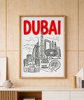 Line illustration of Dubai skyline featuring Burj Khalifa and Burj Al Arab