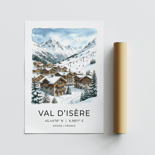 Illustrated resort village wall art print with mountains and cable car line