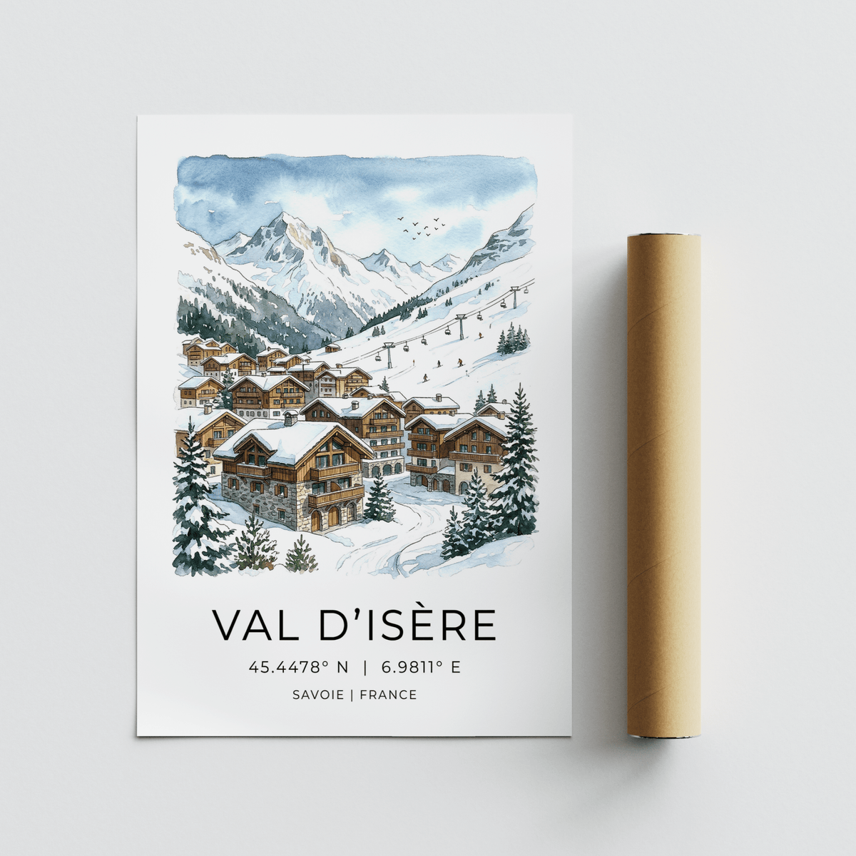 Illustrated resort village wall art print with mountains and cable car line