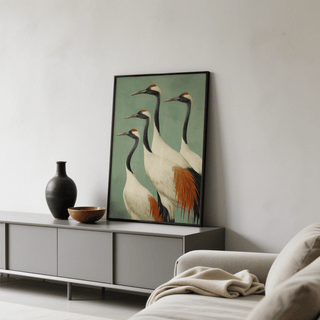 Birds Wall Art artwork of clustered cranes with beige and white plumage